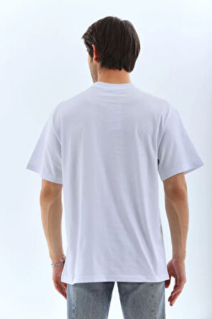 Unisex Oversize Taşlı Bisiklet Yaka Thirt  Beyaz