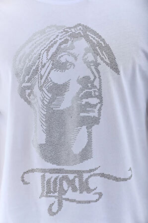 Unisex Oversize Taşlı Bisiklet Yaka Thirt  Beyaz