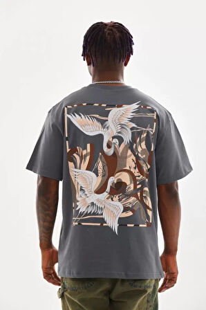 Unisex Baskılı Oversize Thirt  Füme