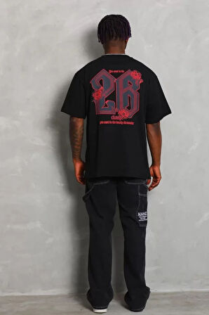 Unisex Oversize Baskılı Bisiklet Yaka Thirt  iyah