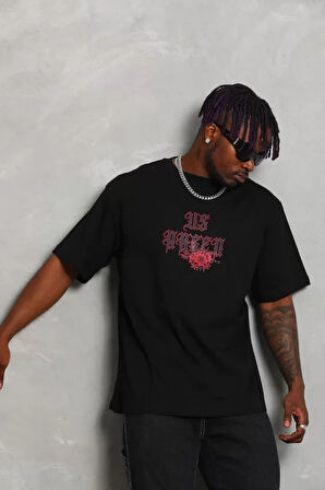 Unisex Oversize Baskılı Bisiklet Yaka Thirt  iyah