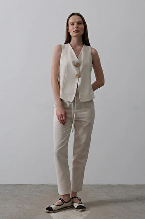 Düğme Detaylı Yelek  Krem