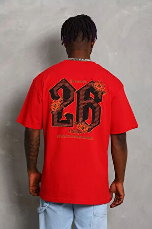 Unisex Oversize Baskılı Bisiklet Yaka Thirt  Kırmızı