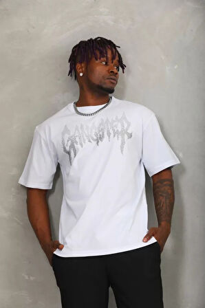 Unisex Oversize Taşlı Bisiklet Yaka Thirt  Beyaz