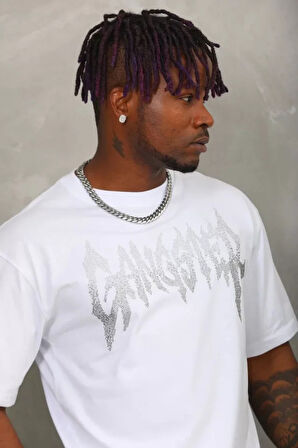 Unisex Oversize Taşlı Bisiklet Yaka Thirt  Beyaz