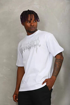 Unisex Oversize Taşlı Bisiklet Yaka Thirt  Beyaz