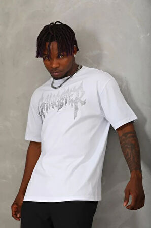 Unisex Oversize Taşlı Bisiklet Yaka Thirt  Beyaz