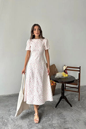 Pembe Dijital Baskılı Atlas Elbise