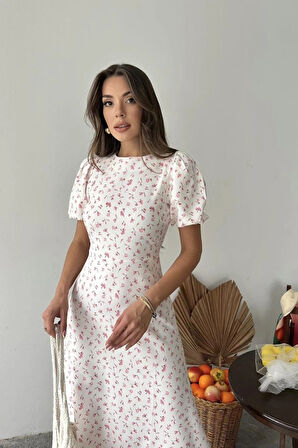 Pembe Dijital Baskılı Atlas Elbise