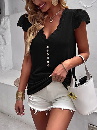 Kadın Kısa Kollu V Yakalı önü Düğmeli Viskon Bluz