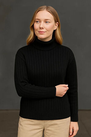 Balıkcı Yaka Bağazlı Triko Kazak Pamuklu Kalın Fitilli Dokuma  iyah