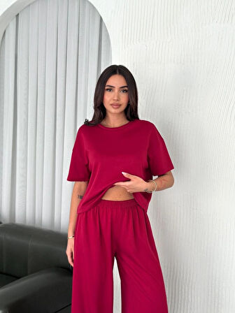 Osy odal Yumuşak Dokulu Kumaş Bisiklet Yaka Tshirt Bol Paça Pantalon Ikili Takım Bordo