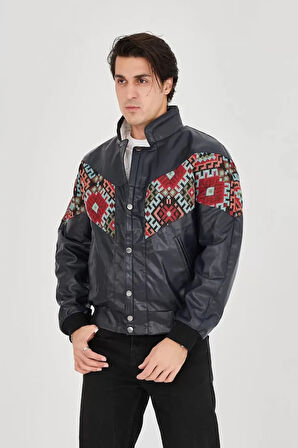 Erkek İçi Astarlı İçten Yaka Kısmı Peluşlu uni Kumaş Vintage Ceket  acivert