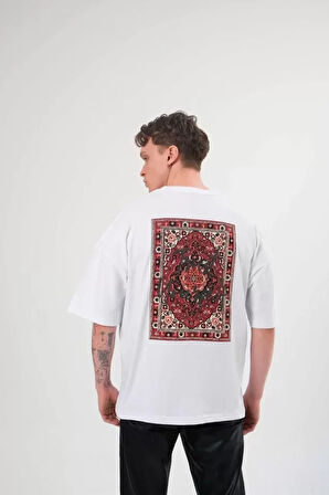 Unisex Bisiklet Yaka Baskılı Oversize Thirt  Beyaz