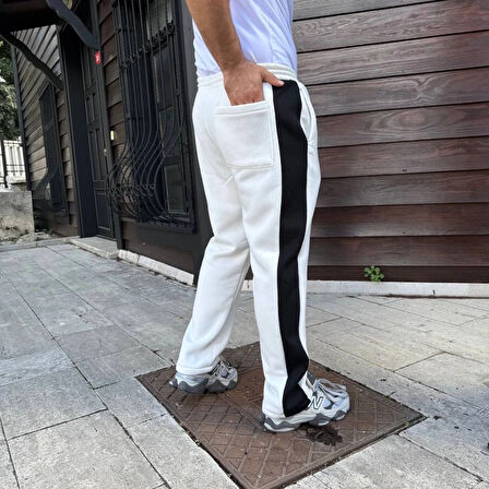 Erkek Üç İplik Kışlık Pamuklu Yandan Garneli Kalın Şeritli Cepli Eşofman Altı  Beyaz