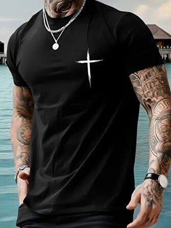 Baskılı Oversize Bisiklet Yaka Tshirt  iyah