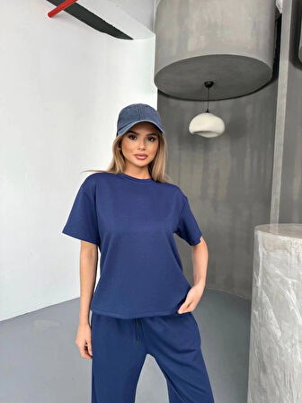 Osy odal Yumuşak Dokulu Kumaş Kısa Kollu Bluz Rahat Pantalon Ikili Takım acivert