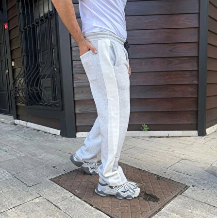 Erkek Üç İplik Kışlık Pamuklu Yandan Garneli Kalın Bej Şeritli Cepli Eşofman Altı  Gri