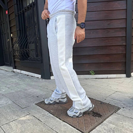 Erkek Üç İplik Kışlık Pamuklu Yandan Garneli Kalın Bej Şeritli Cepli Eşofman Altı  Gri