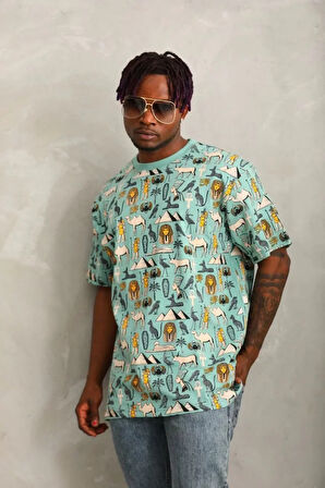 Unisex Oversize Baskılı Bisiklet Yaka Thirt  int Yeşili