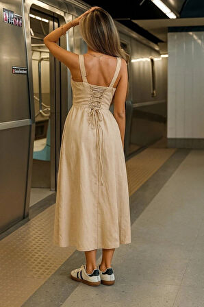 Kadın Askılı Geniş V Yakalı ırttan Bağlamalı Yırtmaçlı üprem Elbise