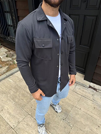Erkek Diagonal Kumaş Cepli Çıtçıtlı Uzun Kollu, Gömlek Oversize Rahat Kalıp Günlük Şık til  Füme