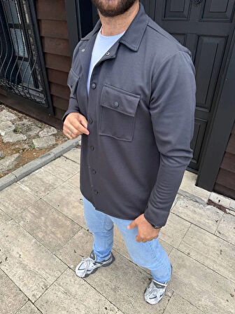 Erkek Diagonal Kumaş Cepli Çıtçıtlı Uzun Kollu, Gömlek Oversize Rahat Kalıp Günlük Şık til  Füme