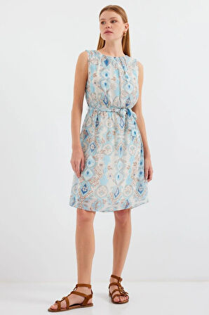 2501 Desenli Sıfır Kol Şifon Elbise  Mavi