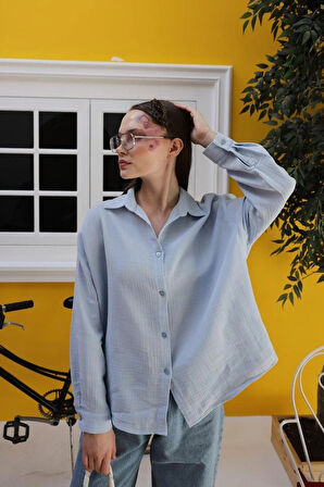 Müslin Uzun Kol Gömlek  Bebe Mavisi