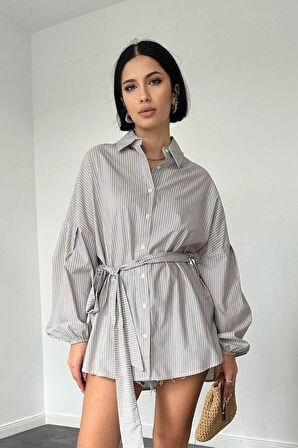 Kahverengi Çizgili Poplin Kuşaklı Gömlek