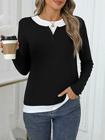 Kadın Uzun Kollu V Yakalı çift Renkli Viskon Iki Iplik Bluz