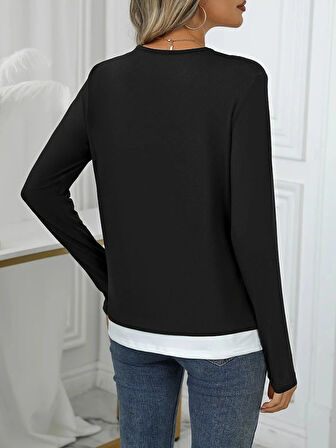 Kadın Uzun Kollu V Yakalı çift Renkli Viskon Iki Iplik Bluz