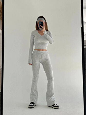 V Yaka Uzun Kollu Bluz İspanyol Paçalı Tayt İkili Takım  Gri