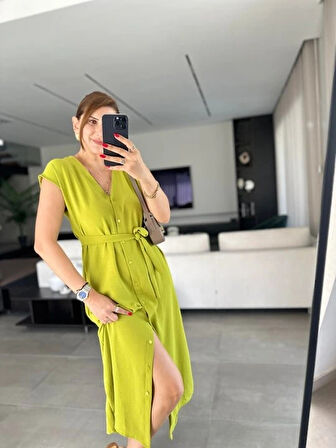 Kadınn V Yaka Düğme Detay Kuşak Dahil Elbise