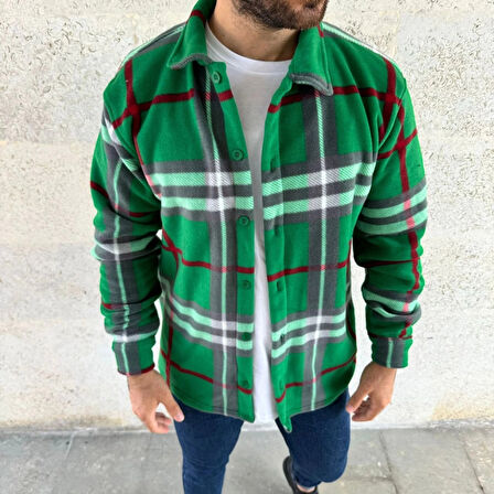 Erkek Ekose Desenli Düğmeli Polar Yakalı Uzun Kollu Gömlek Oversize Rahat Kalıp  Yeşil