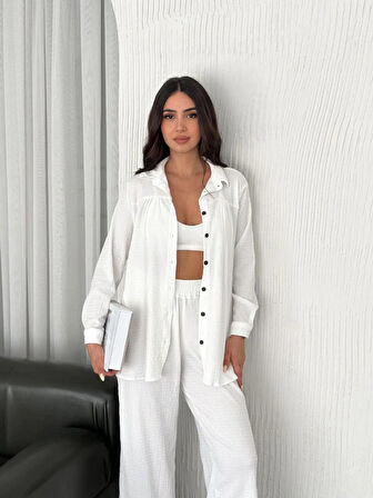 Yakalı Düğmeli Uzun Kollu Gömlek Pantolon Ikili Takım  Beyaz