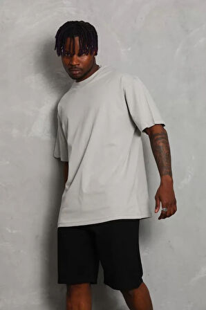 Unisex Oversize Düz Bisiklet Yaka Thirt  Gri