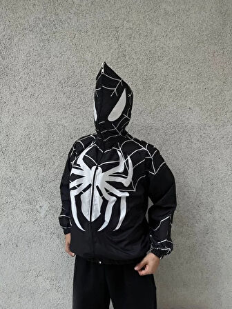 Unisex Uzun Kollu Kapşonlu Rüzgarlik  iyah
