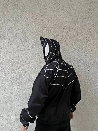 Unisex Uzun Kollu Kapşonlu Rüzgarlik  iyah