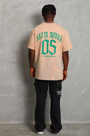 Unisex Oversize Baskılı Bisiklet Yaka Thirt  Bej