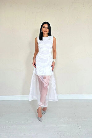 Beyaz Organze Detaylı Atlas Elbise