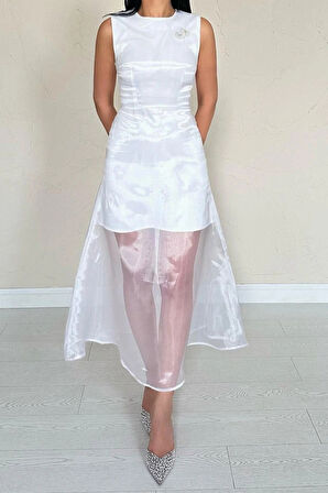 Beyaz Organze Detaylı Atlas Elbise