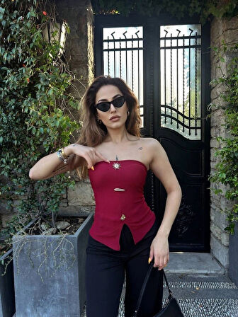 Kadın Ottoman Kumaş Düğme Detaylı Büstiyer Crop