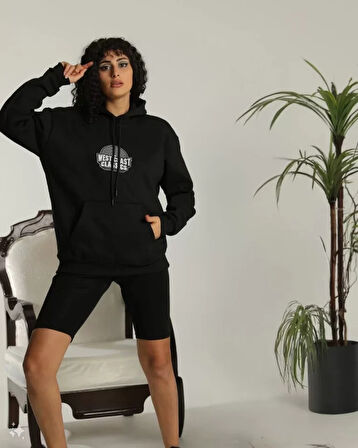 Unisex ırt Baskılı Kapüşonlu Üç İplik Oversize weatshirt  iyah