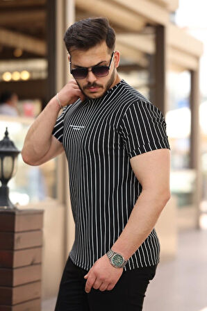 Erkek Dikey çizgili Ottoman Kumaş Kısa Kollu Tshirt