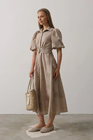 Balon Kol Kemerli Brode Elbise  Taş