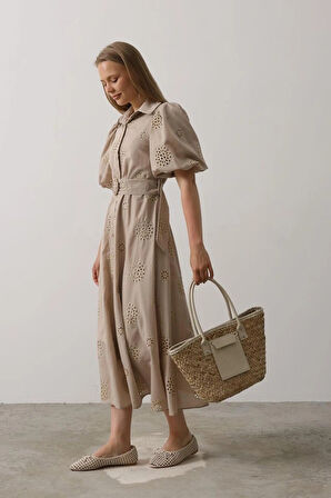 Balon Kol Kemerli Brode Elbise  Taş