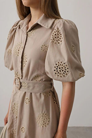 Balon Kol Kemerli Brode Elbise  Taş