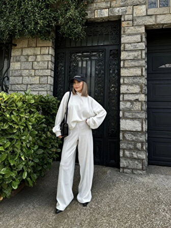 Crop, Pantolon Fitilli İkili Takım Beyaz