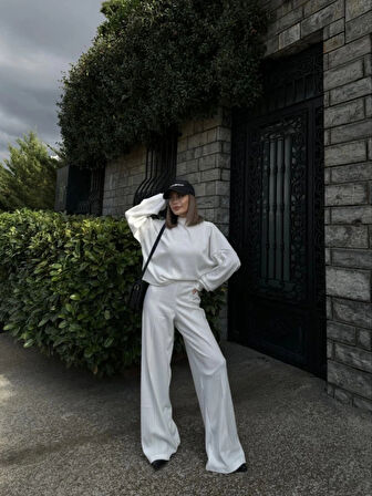 Crop, Pantolon Fitilli İkili Takım Beyaz